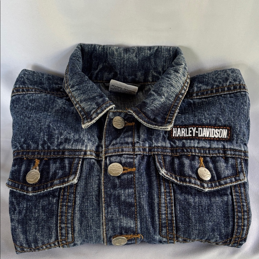 VINTAGE LIKE NEW! HARLEY-DAVIDSON DENIM BLUE JEANS JACKET & HEADWRAP SIZE 4T - Picture 14 of 16